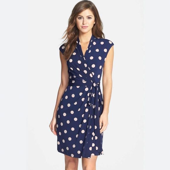 Eliza J Dresses & Skirts - Eliza J Women’s 10 Blue Polka Dot Faux Wrap Sleeveless Midi Dress Stretch V Neck